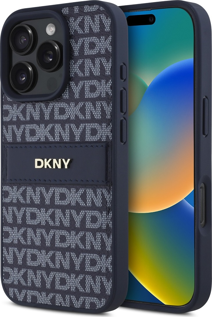 DKNY PU Leather Repeat Pattern Tonal Stripe Zadní Kryt pro iPhone 16 Pro Max Blue