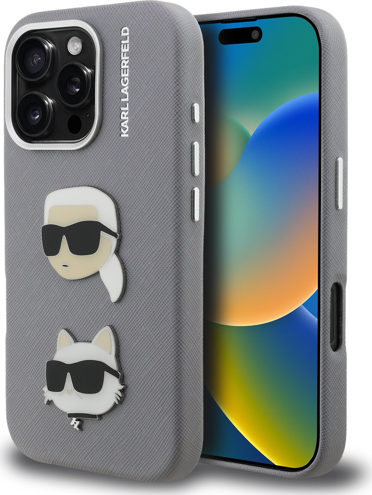Karl Lagerfeld Grained PU K&CH Heads Zadní Kryt pro iPhone 16 Pro Max Grey