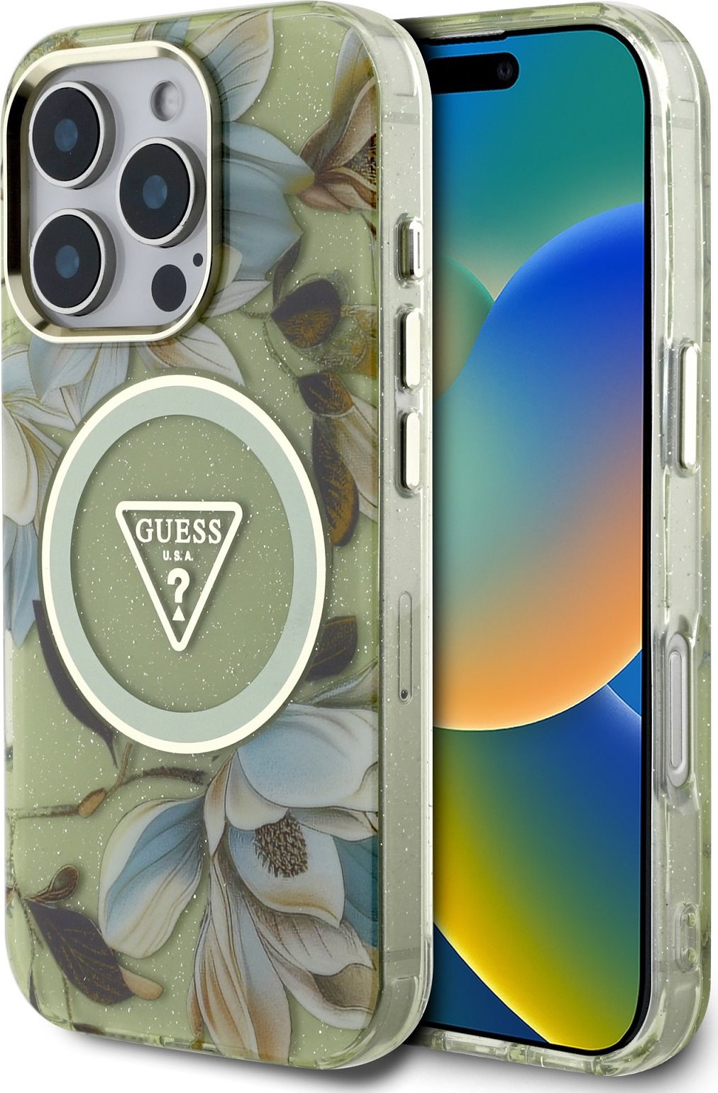 Guess IML Glitter Magnolia and Triangle Logo MagSafe Zadní Kryt pro iPhone 16 Pro Max Green