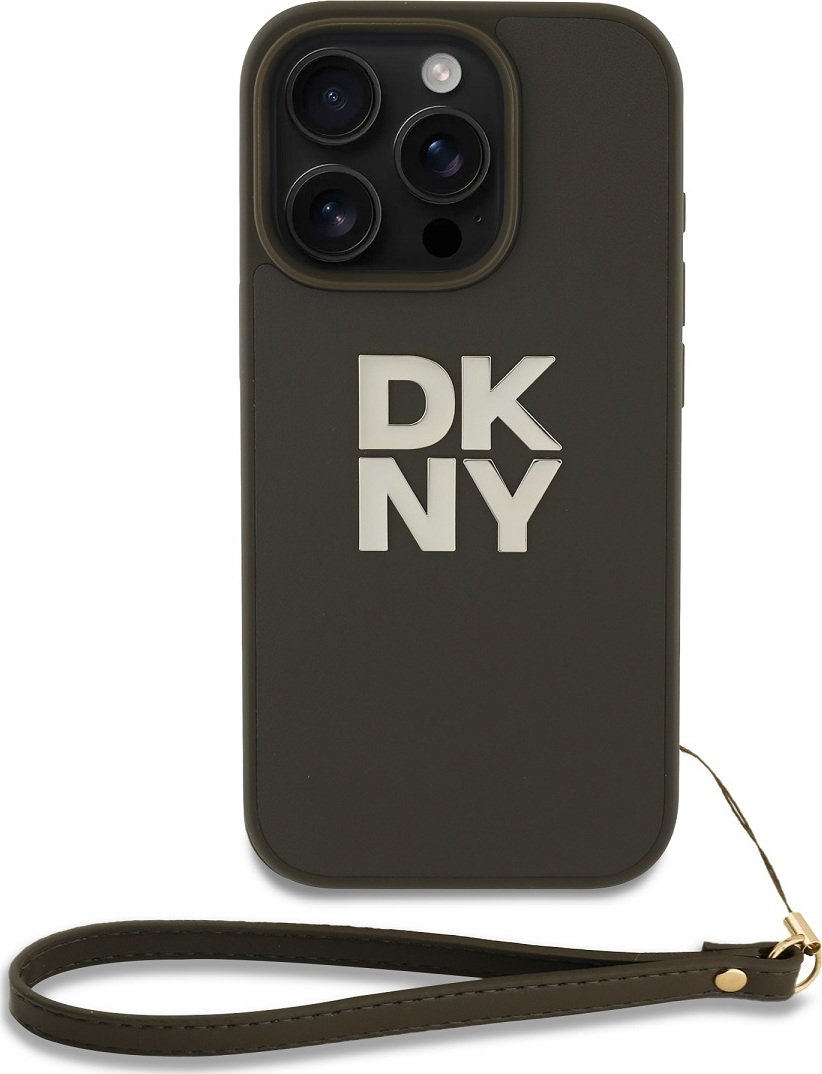DKNY PU Leather Stack Logo Wrist Strap Zadní Kryt pro iPhone 16 Pro Max Green