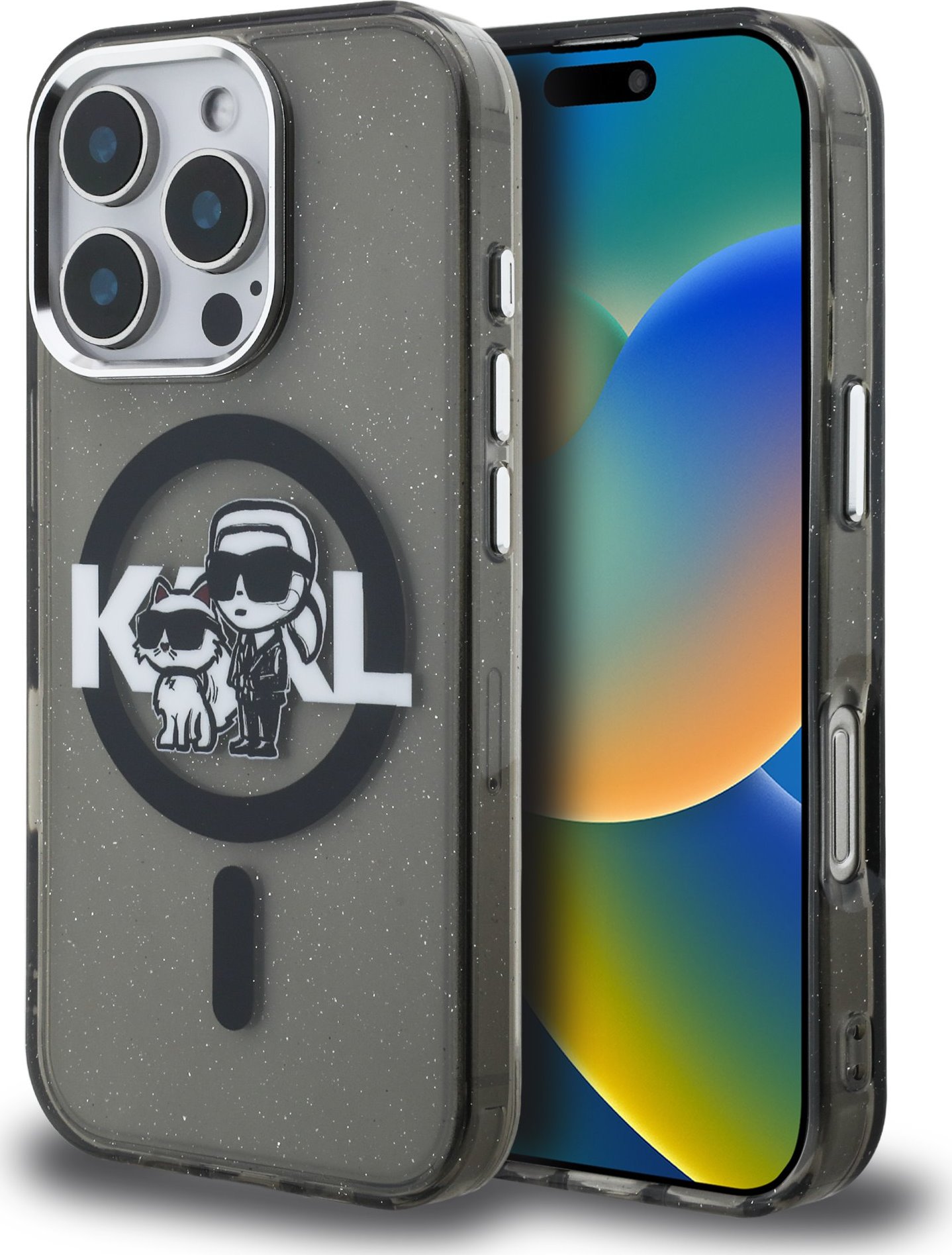 Karl Lagerfeld IML Glitter Karl and Choupette Sketch MagSafe Zadní Kryt pro iPhone 16 Pro Max Black