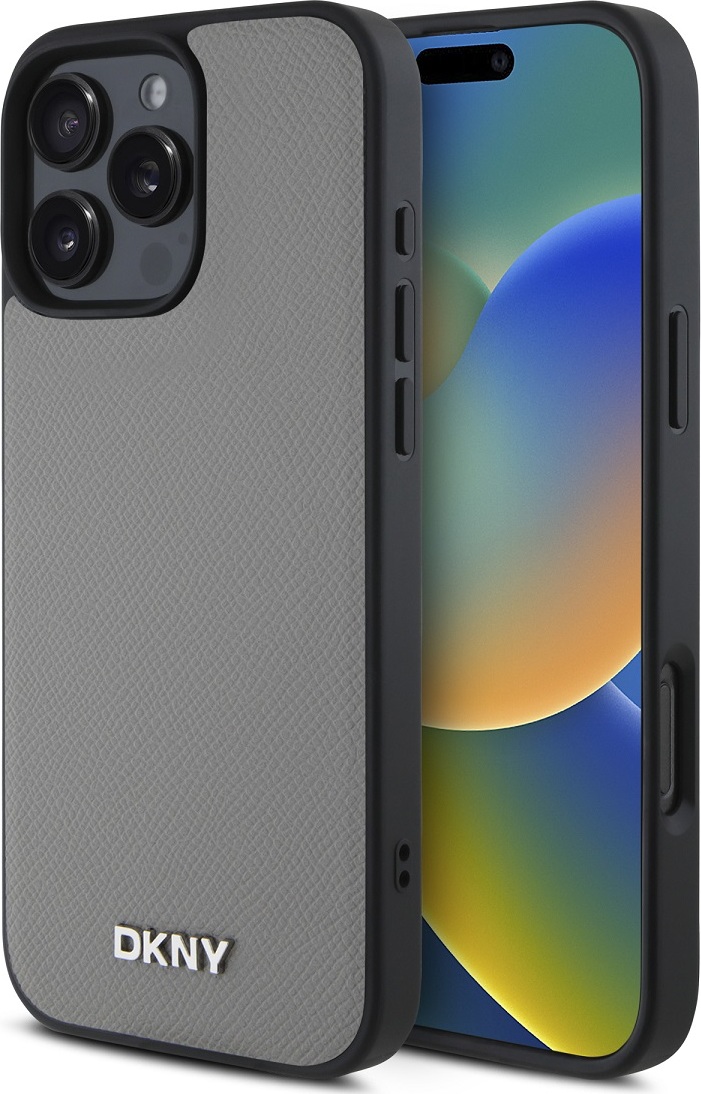DKNY PU Leather Silver Metal Logo Magsafe Zadní Kryt pro iPhone 16 Pro Max Grey