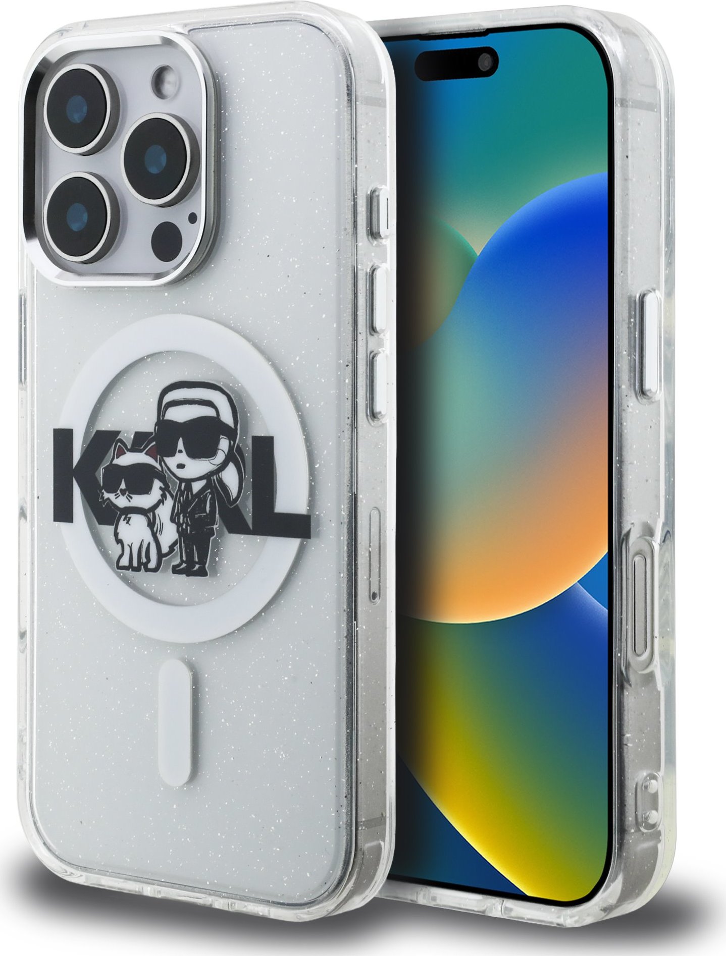 Karl Lagerfeld IML Glitter Karl and Choupette Sketch MagSafe Zadní Kryt pro iPhone 16 Pro Max Transparent