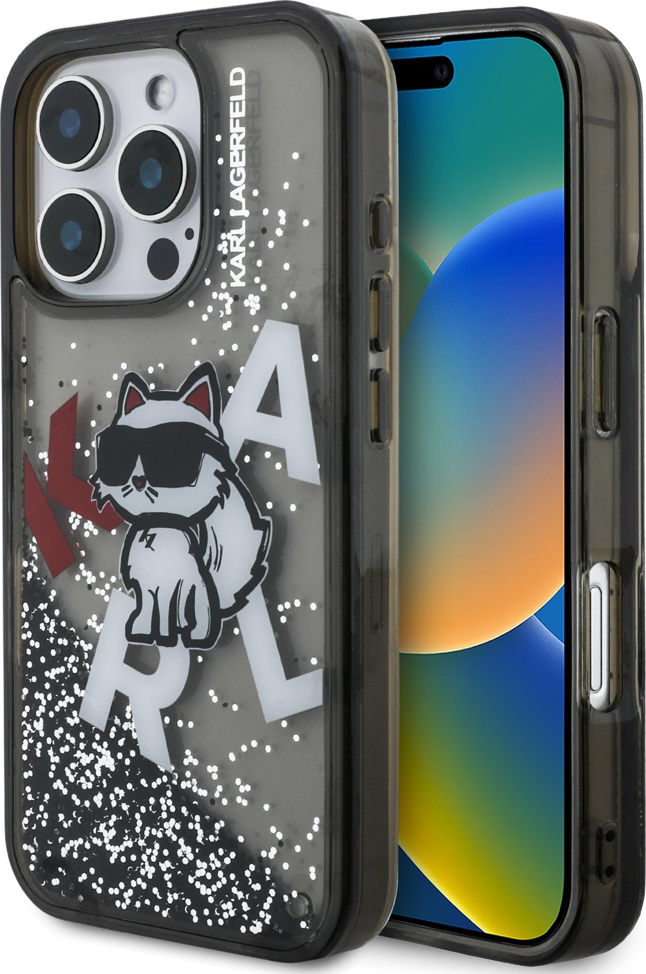 Karl Lagerfeld Liquid Glitter Scattered Choupette Zadní Kryt pro iPhone 16 Pro Max Black