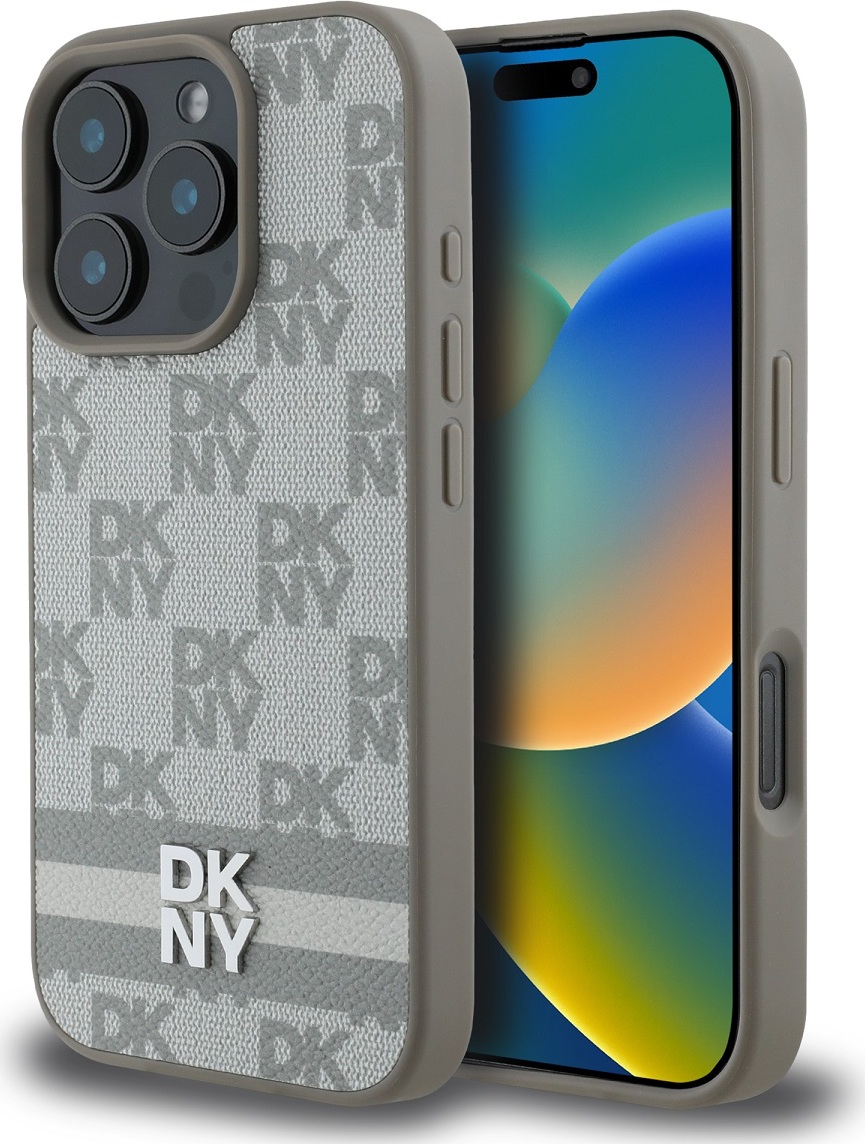 DKNY PU Leather Checkered Pattern and Stripe Zadní Kryt pro iPhone 16 Pro Max Beige