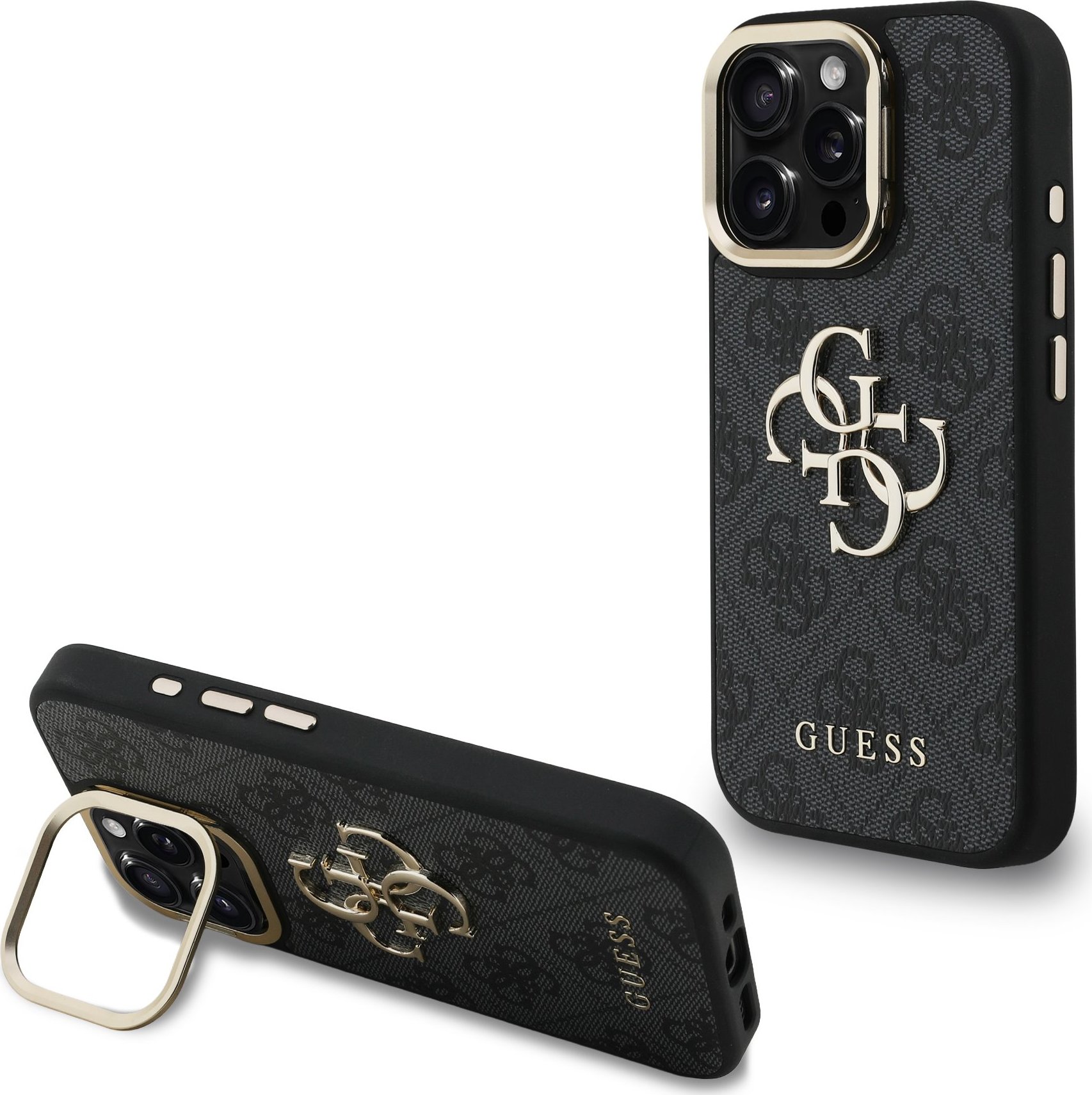 Guess PU 4G Metal Logo Stand Camera Frame Zadní Kryt pro iPhone 16 Pro Max Black