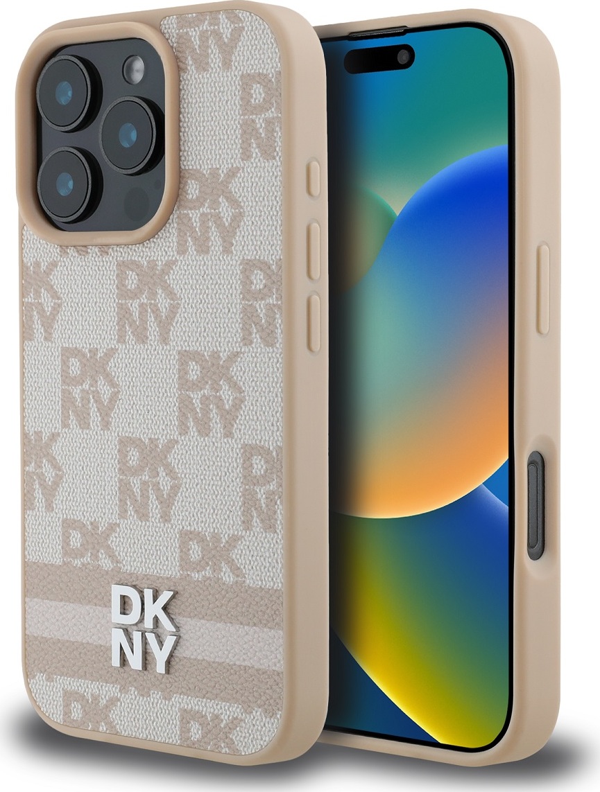DKNY PU Leather Checkered Pattern and Stripe Zadní Kryt pro iPhone 16 Pro Max Pink