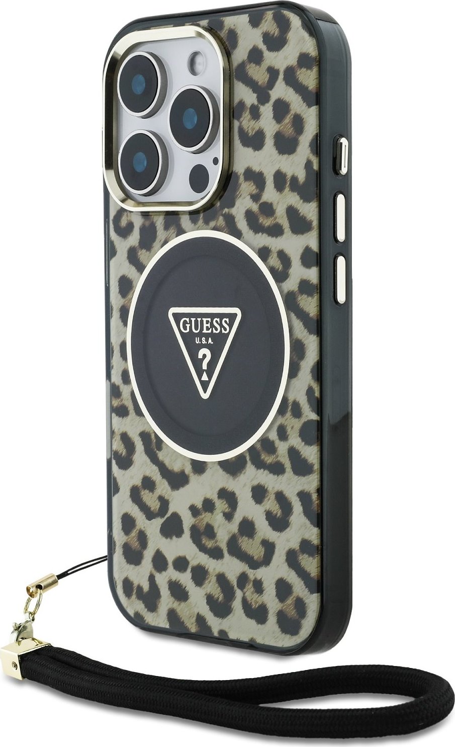 Guess IML Leopard Triangle Logo Strap MagSafe Zadní Kryt pro iPhone 16 Pro Max Brown