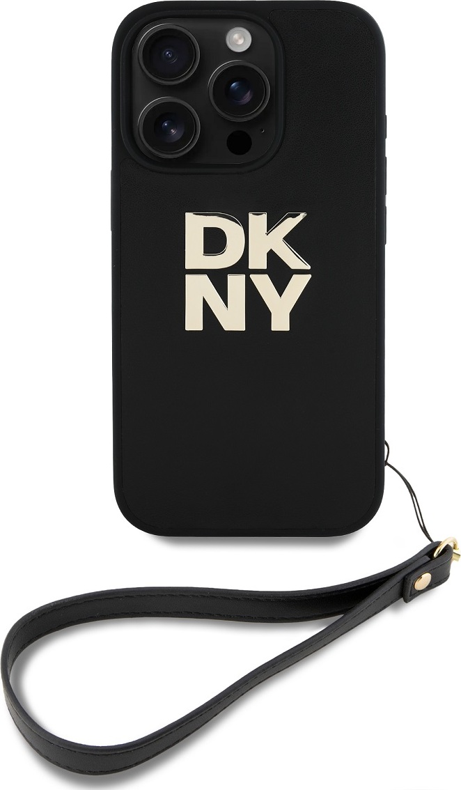 DKNY PU Leather Stack Logo Wrist Strap Zadní Kryt pro iPhone 16 Pro Max Black