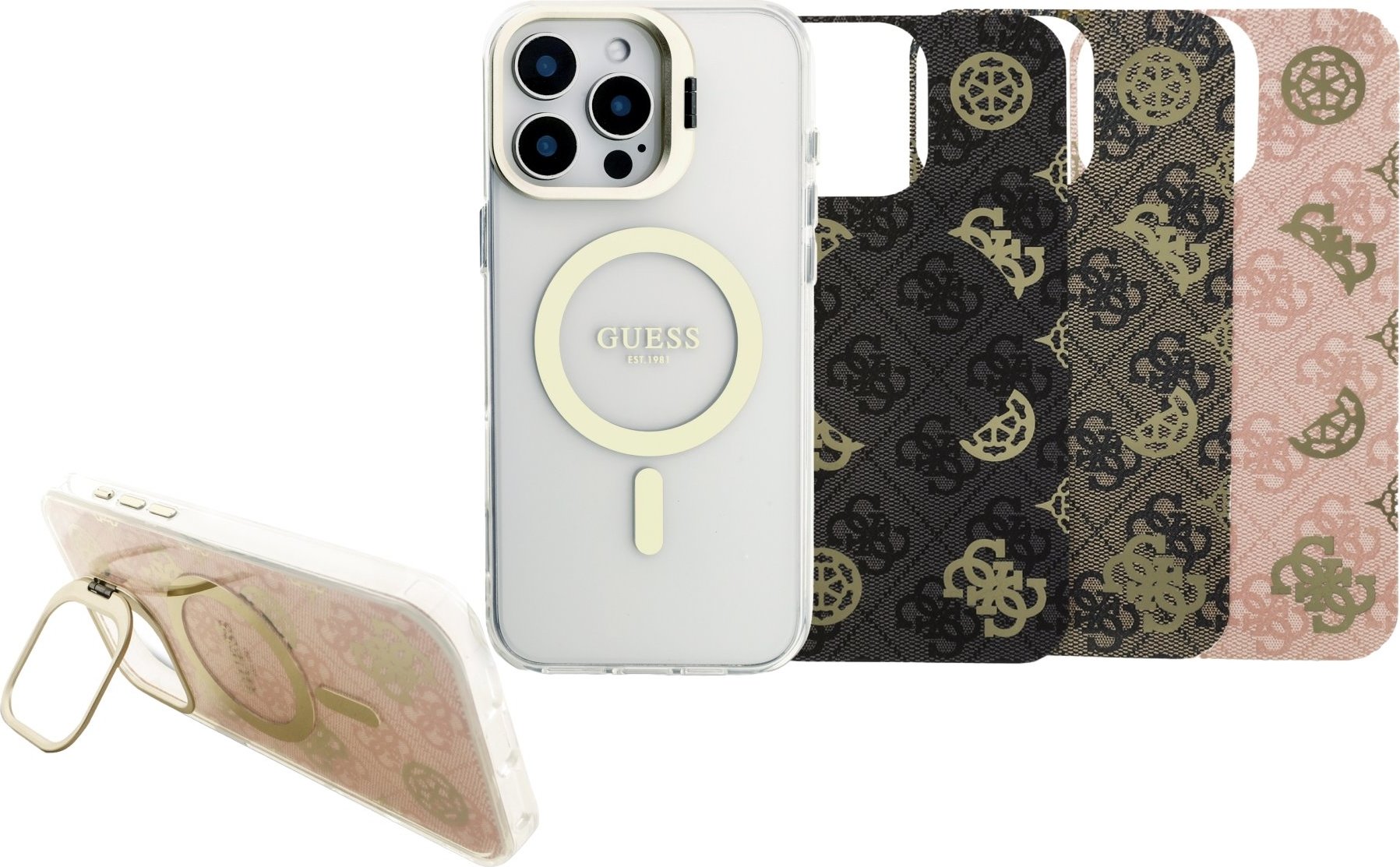 Guess PC/TPU Electroplated Stand Camera Frame MagSafe Zadní Kryt s Vyměnitelným Pozadím pro iPhone 16 Pro Max