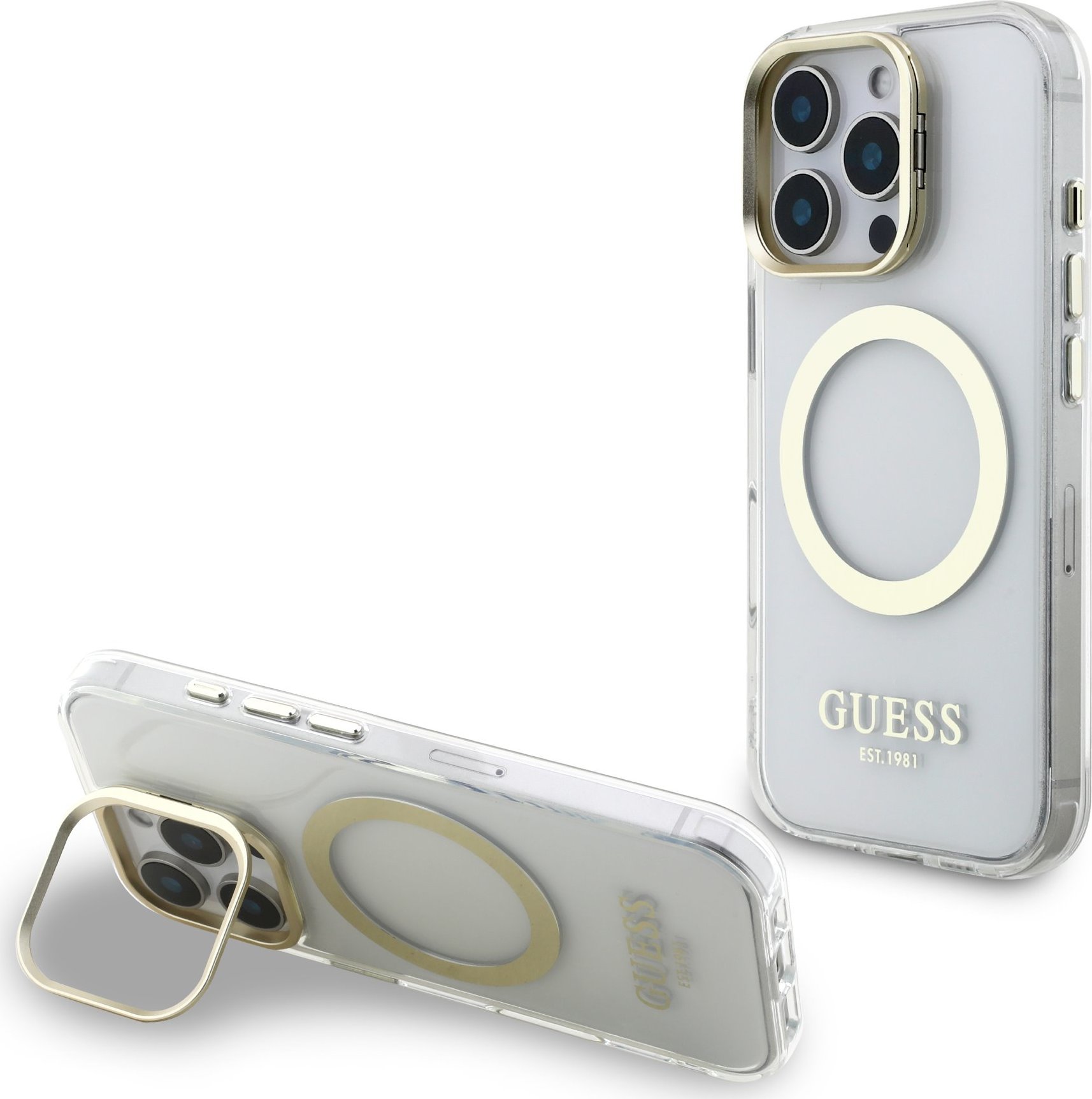 Guess IML Gold Outline Stand Camera Frame MagSafe Zadní Kryt pro iPhone 16 Pro Max Transparent