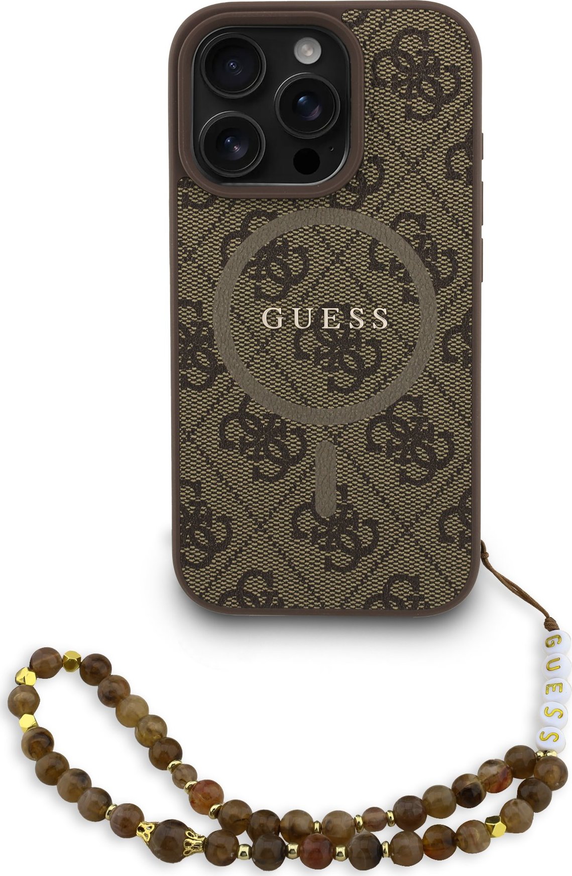 Guess PU Leather 4G Colored Ring Strap MagSafe Zadní Kryt pro iPhone 16 Pro Brown