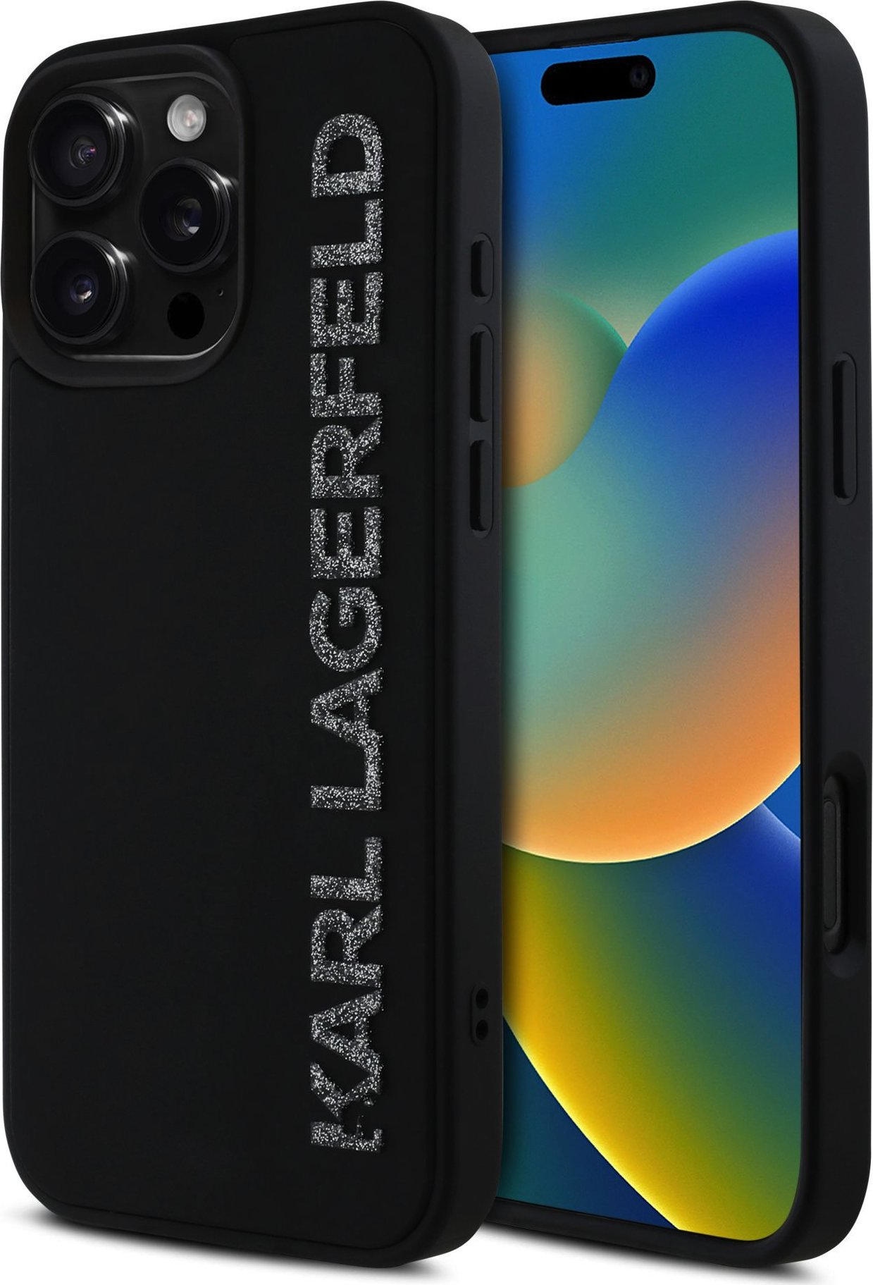 Karl Lagerfeld 3D Rubber Glitter Logo Zadní Kryt pro iPhone 16 Pro Black
