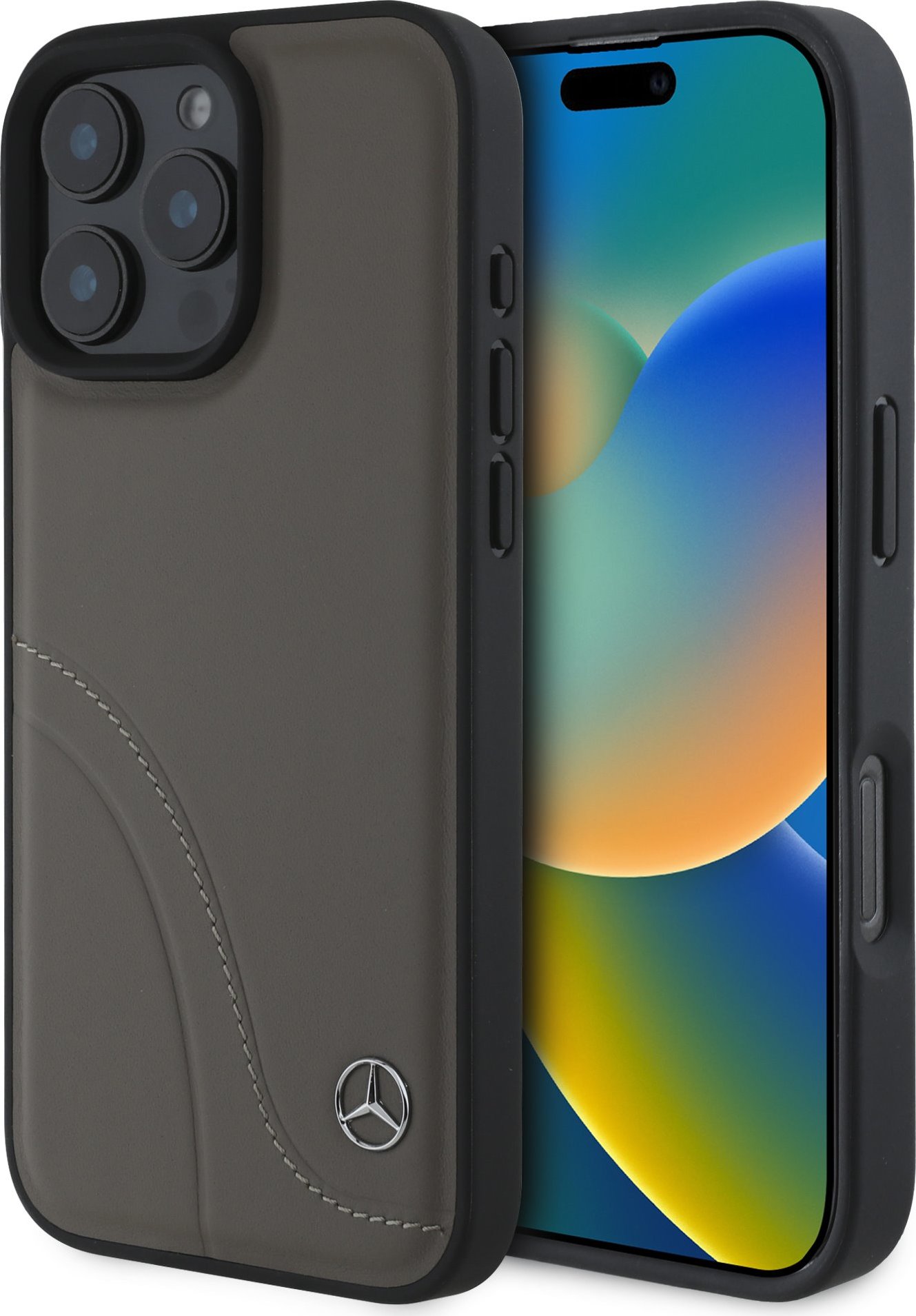 Mercedes Curved Stitches Leather Zadní Kryt pro iPhone 16 Pro Brown