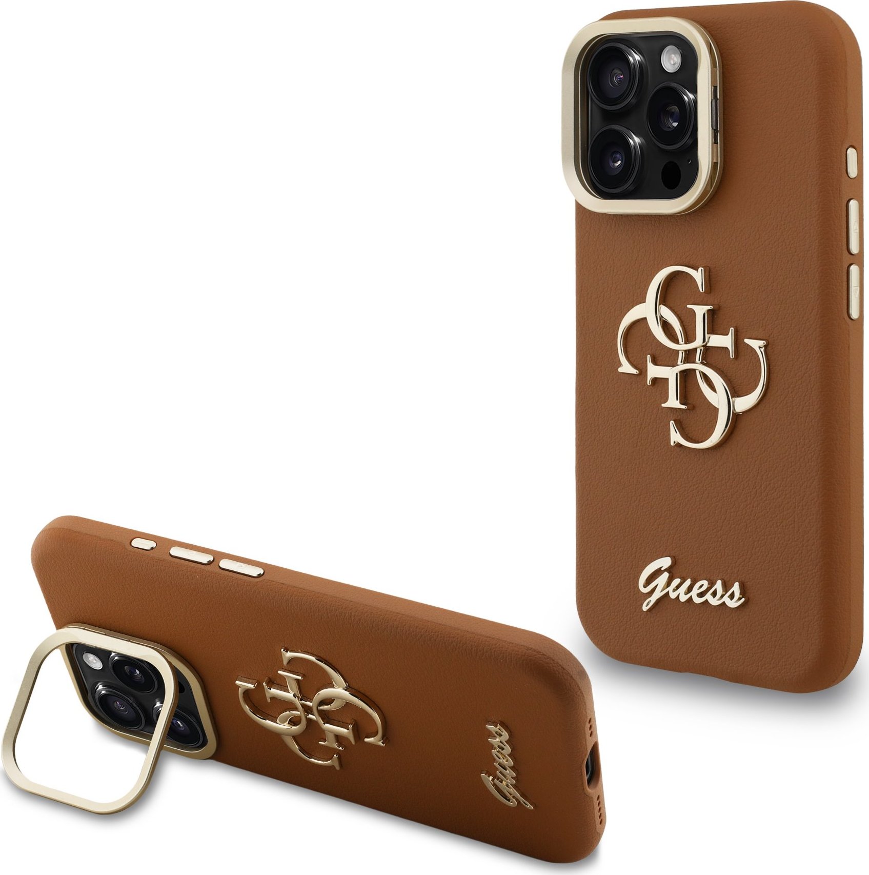 Guess PU Grained 4G Logo Stand Camera Frame Zadní Kryt pro iPhone 16 Pro Brown