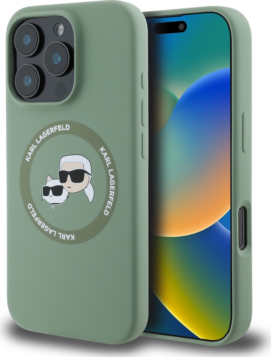 Karl Lagerfeld Liquid Silicone K&CH Heads MagSafe Zadní Kryt pro iPhone 16 Pro Kaki