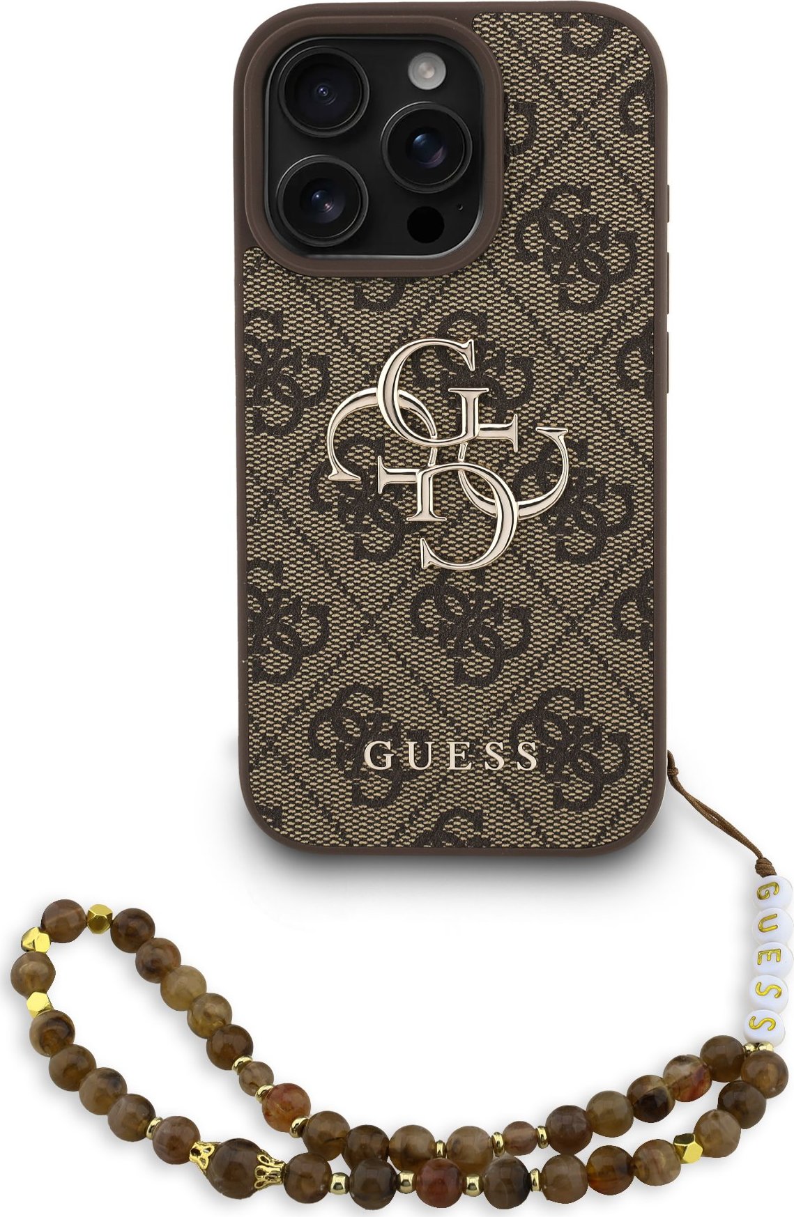 Guess PU 4G Metal Logo Strap Zadní Kryt pro iPhone 16 Pro Brown