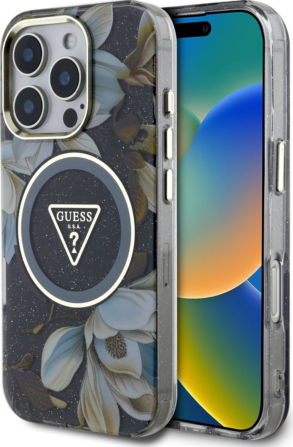 Guess IML Glitter Magnolia and Triangle Logo MagSafe Zadní Kryt pro iPhone 16 Pro Black