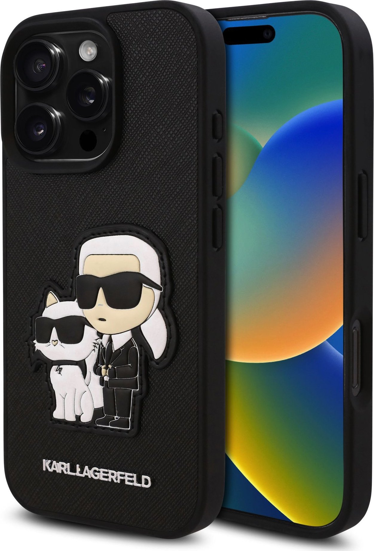 Karl Lagerfeld PU Saffiano Karl and Choupette Zadní Kryt pro iPhone 16 Pro Black