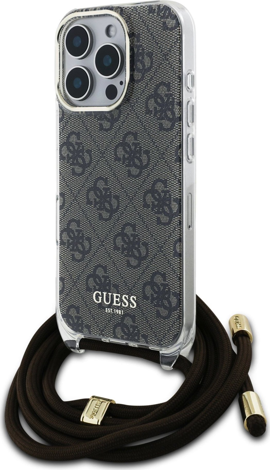 Guess IML 4G Printed Crossbody Popruh Zadní Kryt pro iPhone 16 Pro Brown