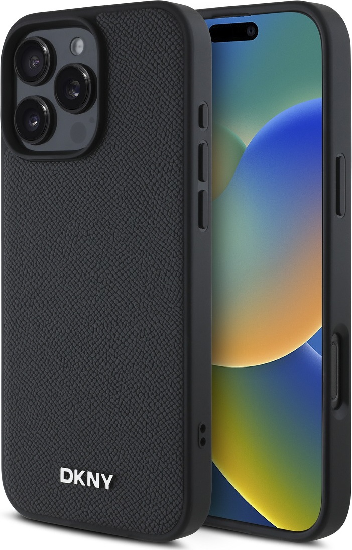 DKNY PU Leather Silver Metal Logo Magsafe Zadní Kryt pro iPhone 16 Pro Black