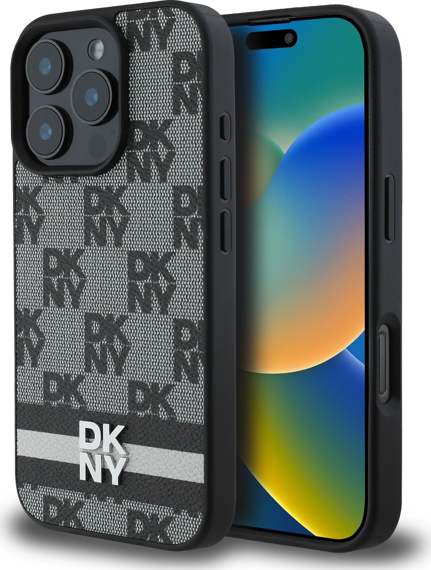 DKNY PU Leather Checkered Pattern and Stripe Zadní Kryt pro iPhone 16 Pro Black