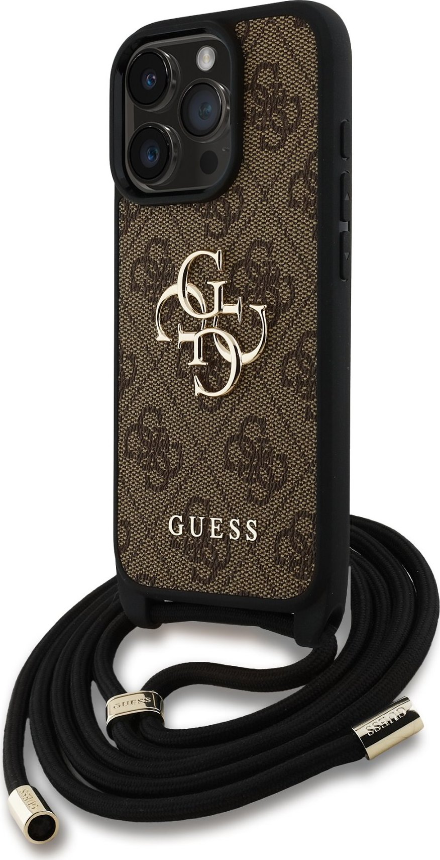 Guess PU 4G Metal Logo Crossbody Popruh Zadní Kryt pro iPhone 16 Pro Brown