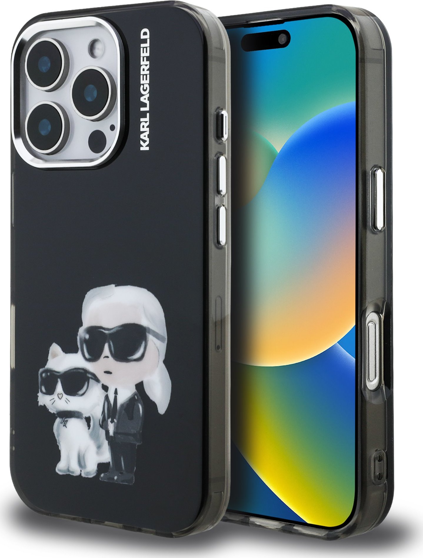 Karl Lagerfeld IML Aquarelle Karl and Choupette Zadní Kryt pro iPhone 16 Pro Black