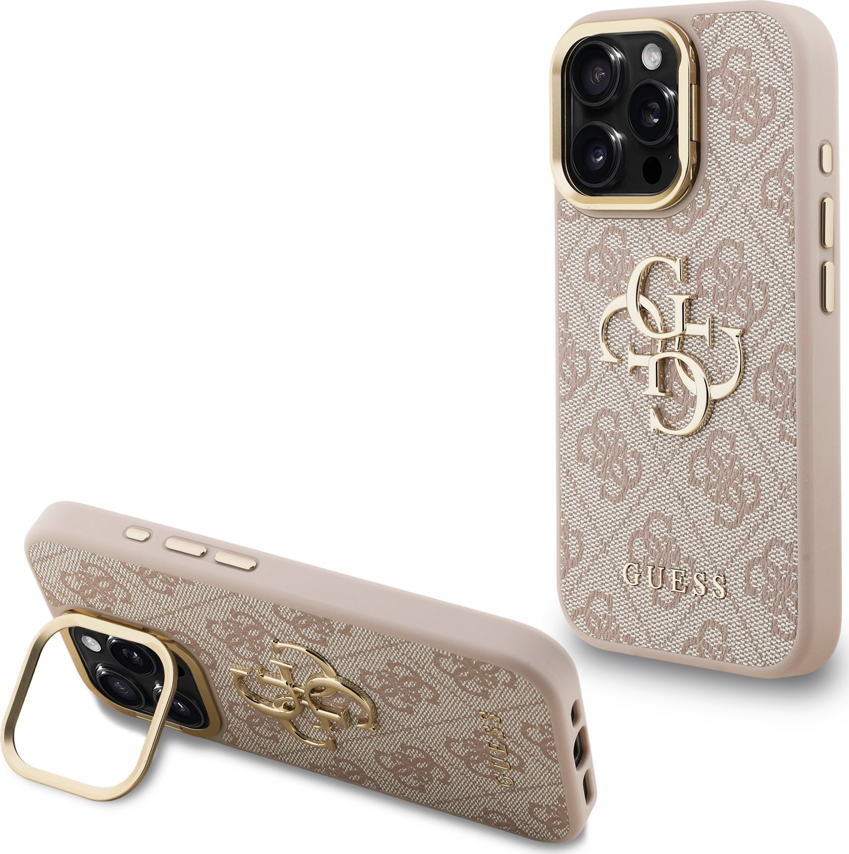 Guess PU 4G Metal Logo Stand Camera Frame Zadní Kryt pro iPhone 16 Pro Pink