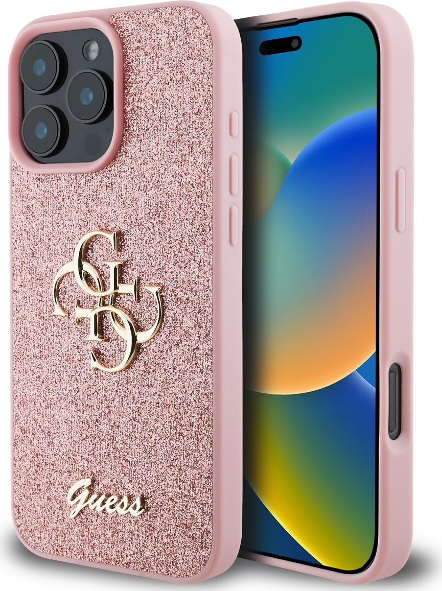 Guess PU Fixed Glitter 4G Metal Logo Zadní Kryt pro iPhone 16 Pro Pink