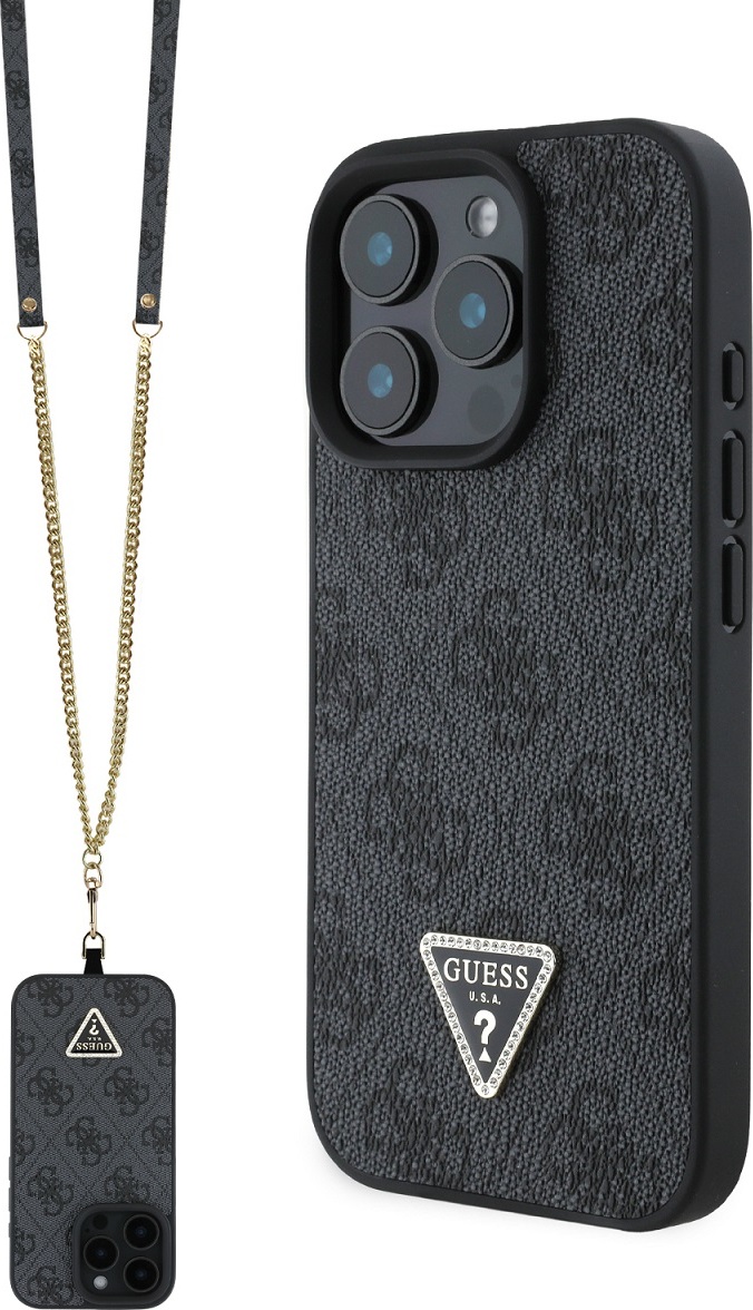 Guess PU 4G Strass Triangle Metal Logo Zadní Kryt + Crossbody Popruh pro iPhone 16 Pro Black