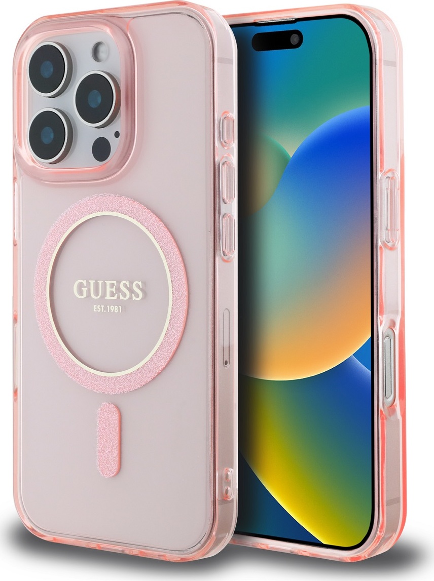 Guess IML Glitter Ring MagSafe Zadní Kryt pro iPhone 16 Pro Pink