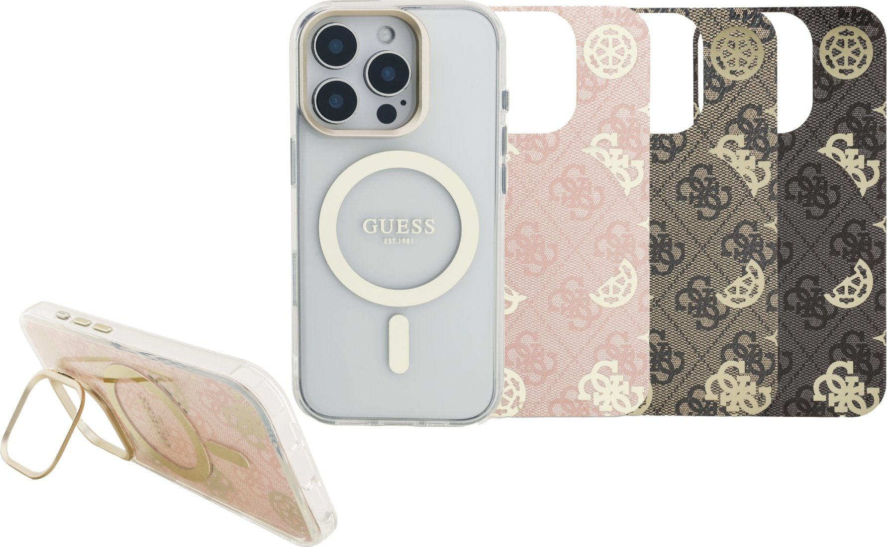 Guess PC/TPU Electroplated Stand Camera Frame MagSafe Zadní Kryt s Vyměnitelným Pozadím pro iPhone 16 Pro