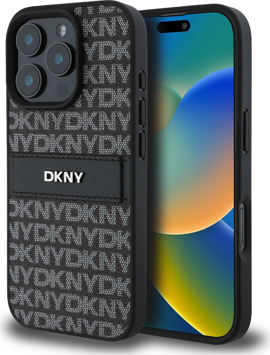 DKNY PU Leather Repeat Pattern Tonal Stripe Zadní Kryt pro iPhone 16 Pro Black