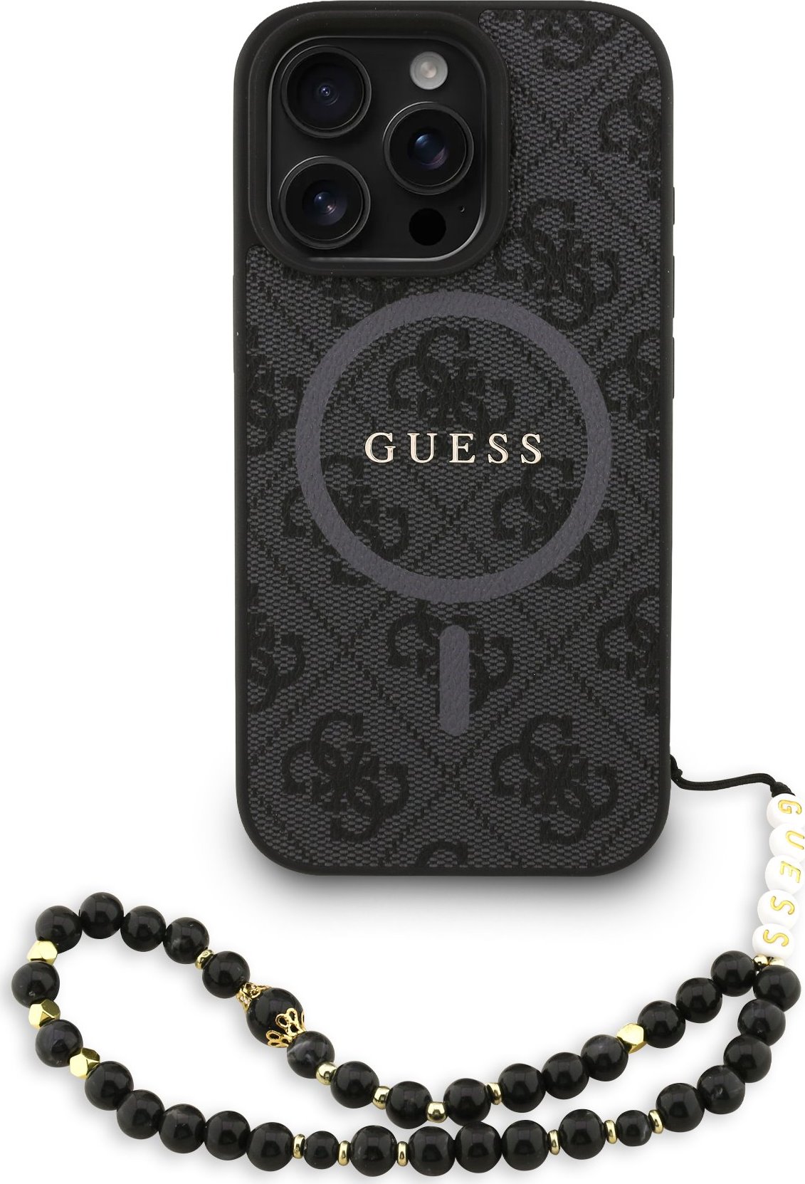 Guess PU Leather 4G Colored Ring Strap MagSafe Zadní Kryt pro iPhone 16 Pro Black