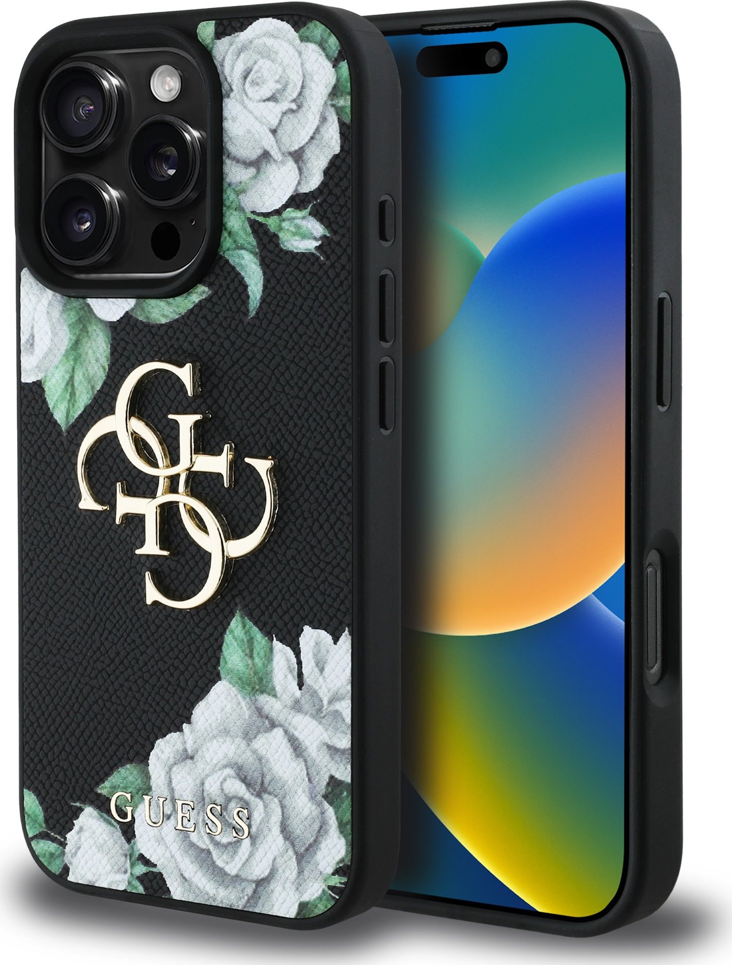Guess PU Grained Roses 4G Metal Logo Zadní Kryt pro iPhone 16 Pro Black