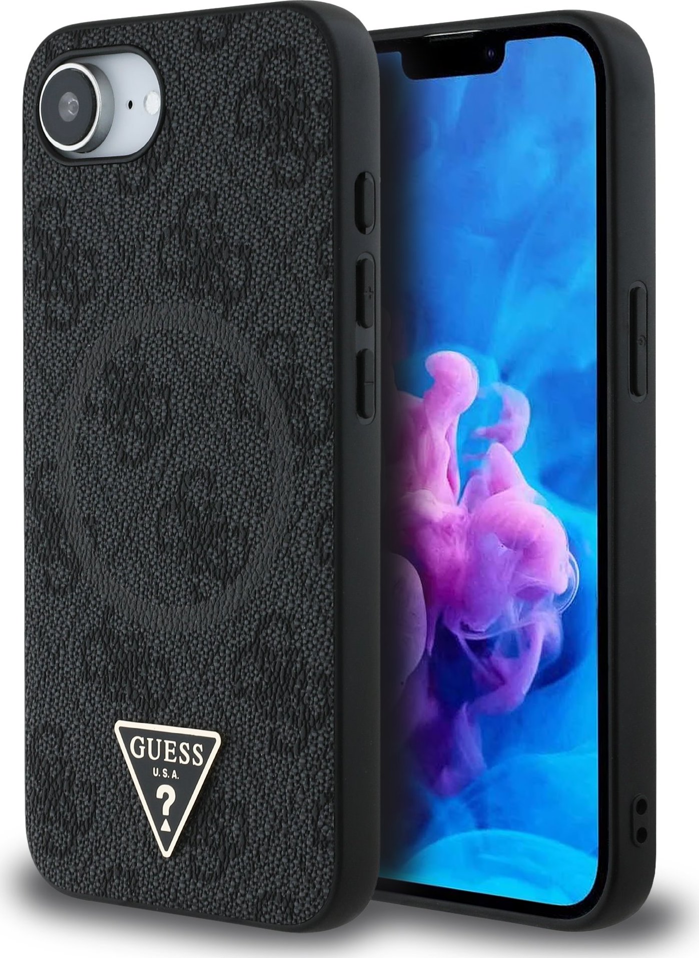 Guess PU 4G Strass Triangle Metal Logo MagSafe Zadní Kryt pro iPhone 16e Black