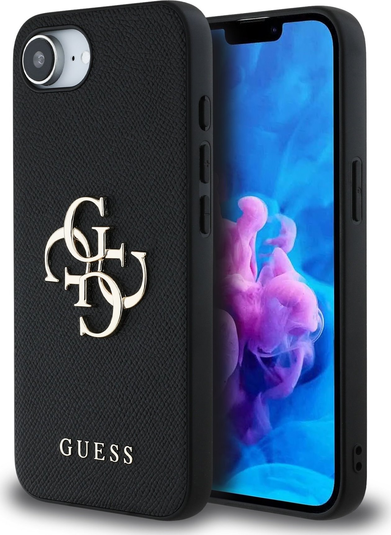 Guess PU Grained 4G Metal Logo Zadní Kryt pro iPhone 16e Black