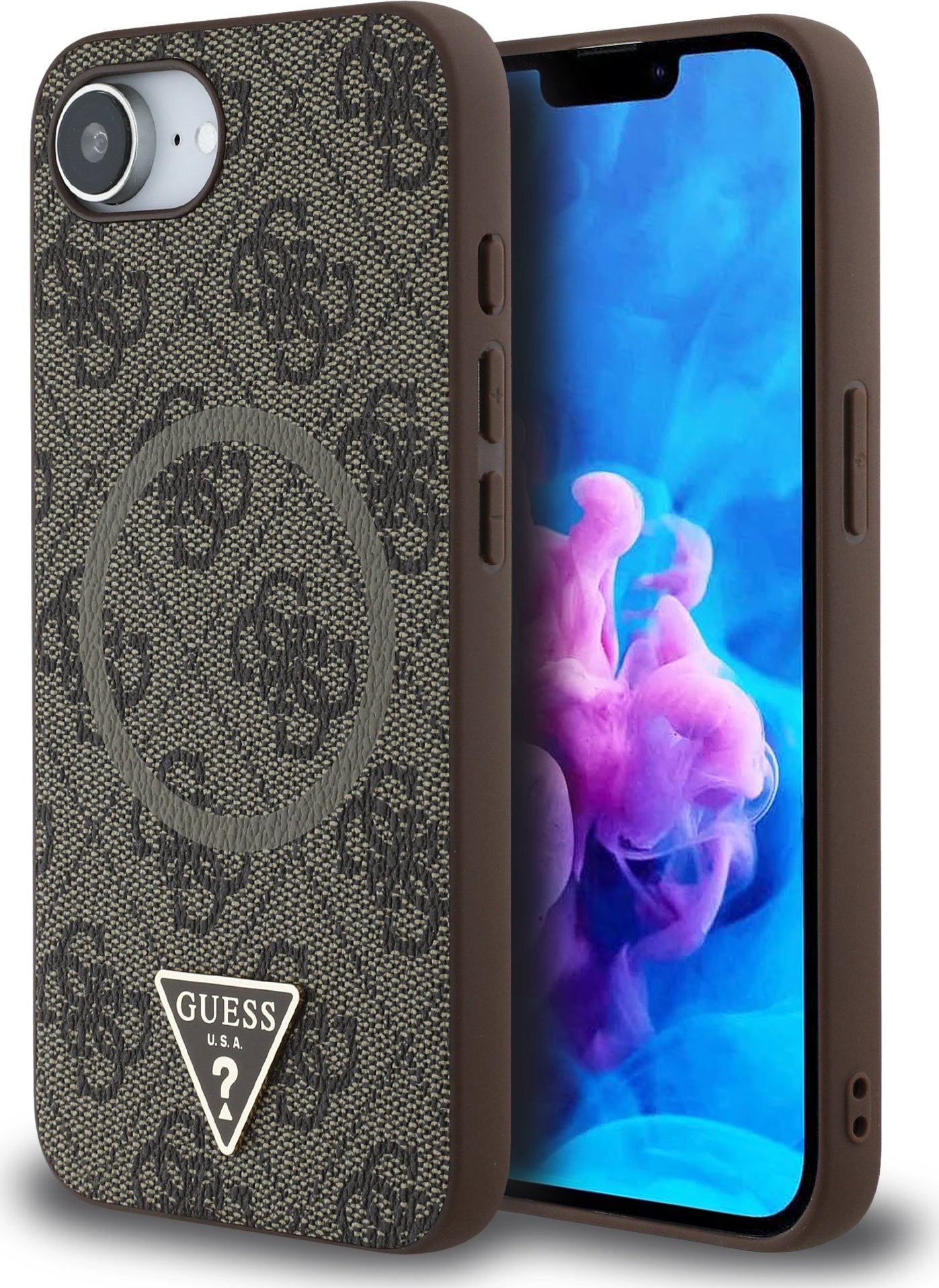 Guess PU 4G Strass Triangle Metal Logo MagSafe Zadní Kryt pro iPhone 16e Brown