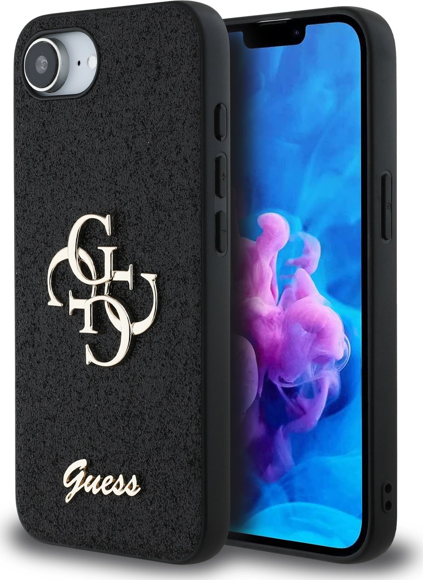 Guess PU Fixed Glitter 4G Metal Logo Zadní Kryt pro iPhone 16e Black