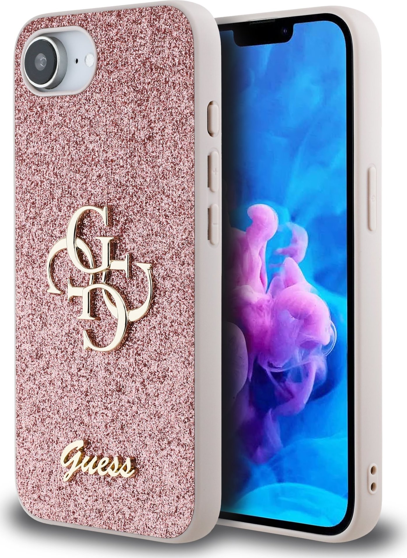 Guess PU Fixed Glitter 4G Metal Logo Zadní Kryt pro iPhone 16e Pink