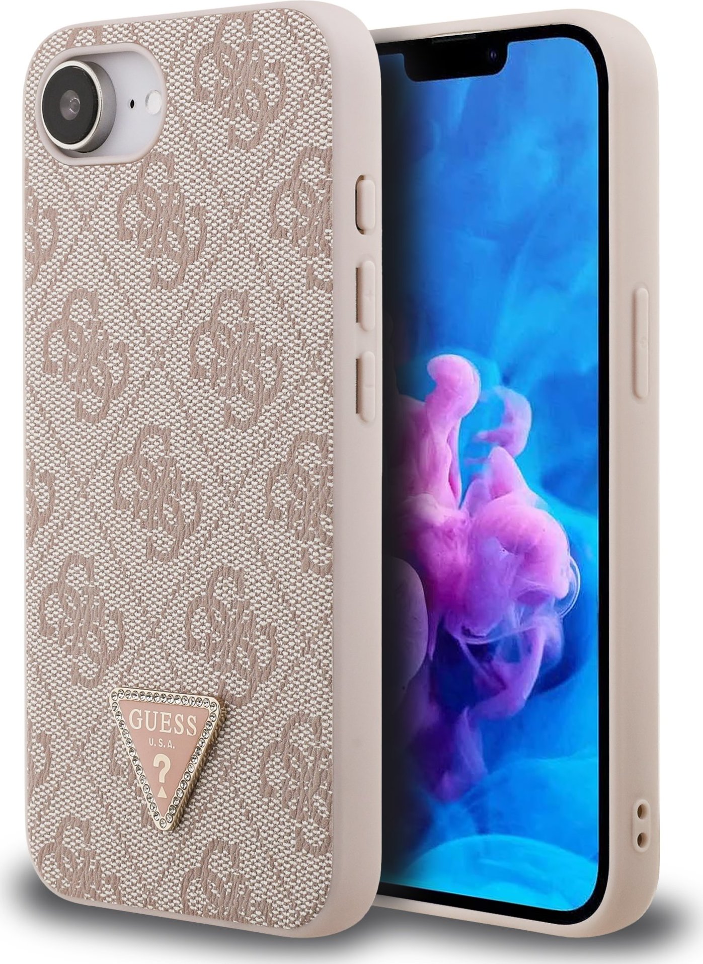 Guess PU 4G Strass Triangle Metal Logo Zadní Kryt pro iPhone 16e Pink