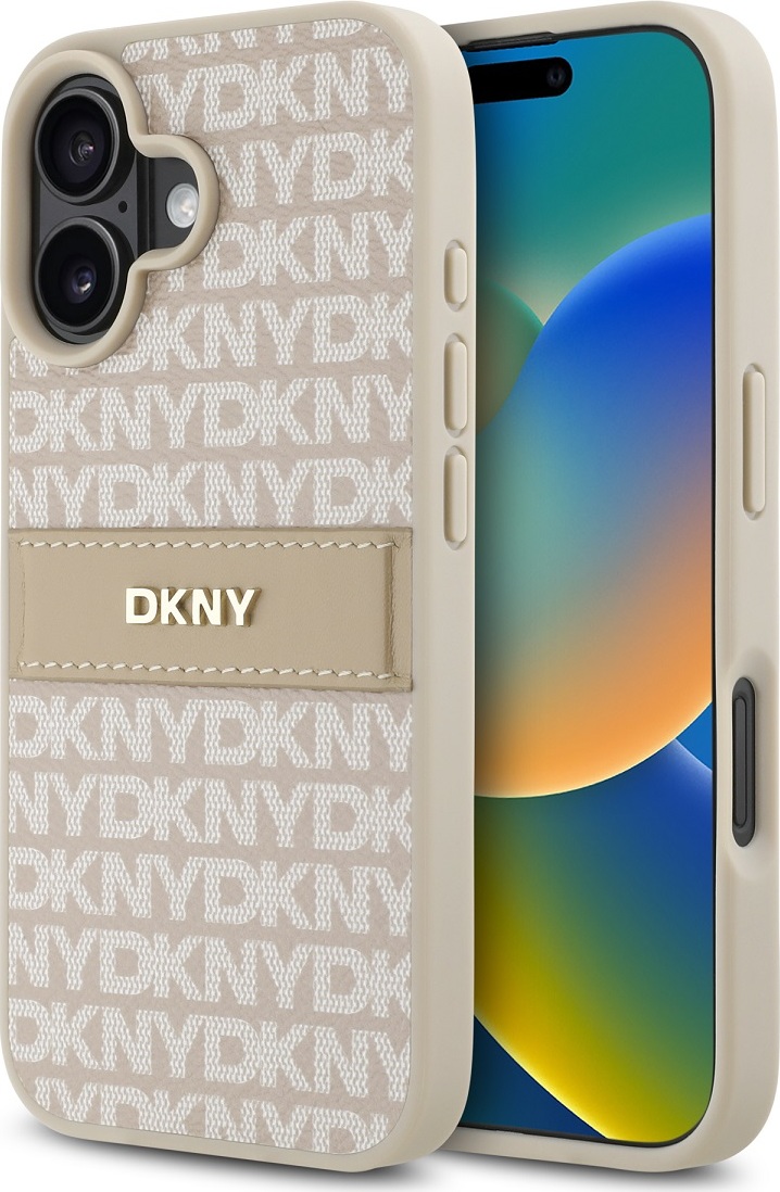 DKNY PU Leather Repeat Pattern Tonal Stripe Zadní Kryt pro iPhone 16 Pink
