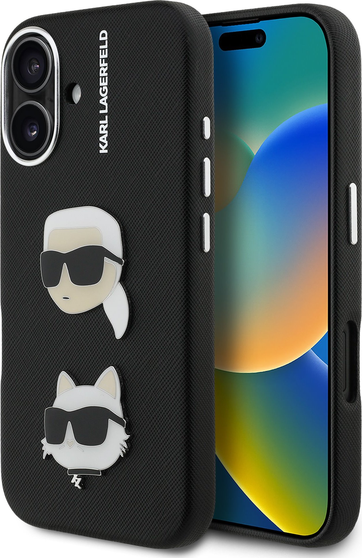 Karl Lagerfeld Grained PU K&CH Heads Zadní Kryt pro iPhone 16 Black