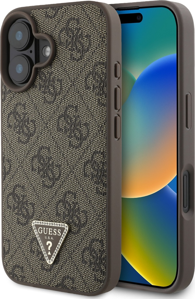 Guess PU 4G Strass Triangle Metal Logo Zadní Kryt pro iPhone 16 Brown