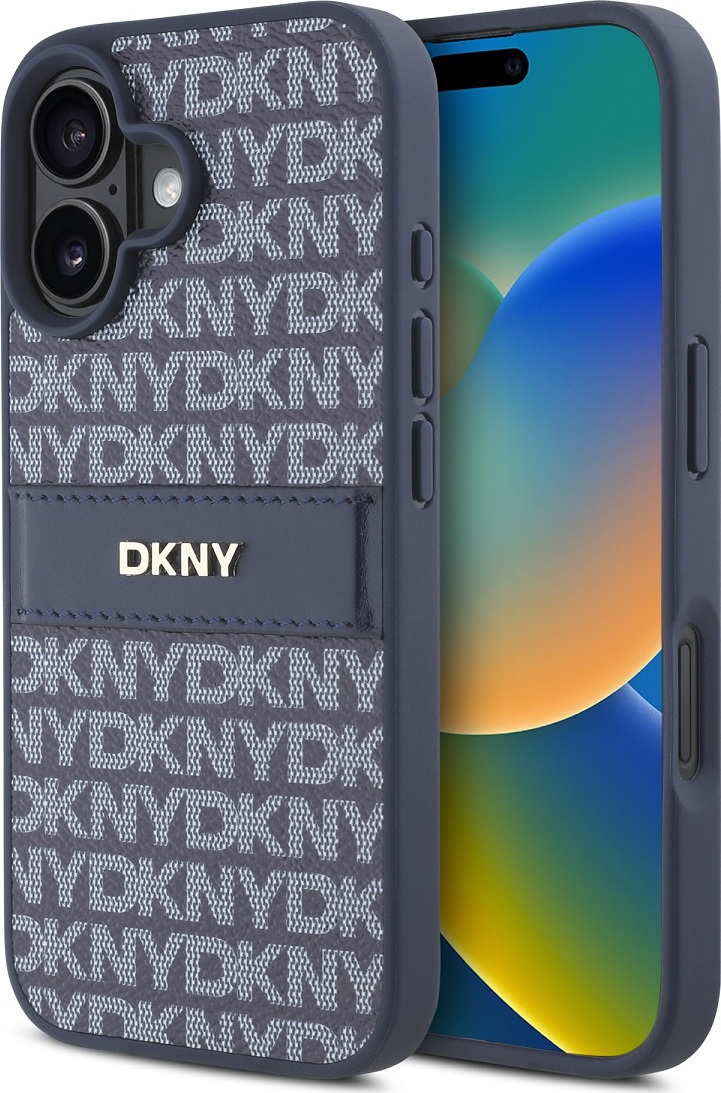 DKNY PU Leather Repeat Pattern Tonal Stripe Zadní Kryt pro iPhone 16 Blue