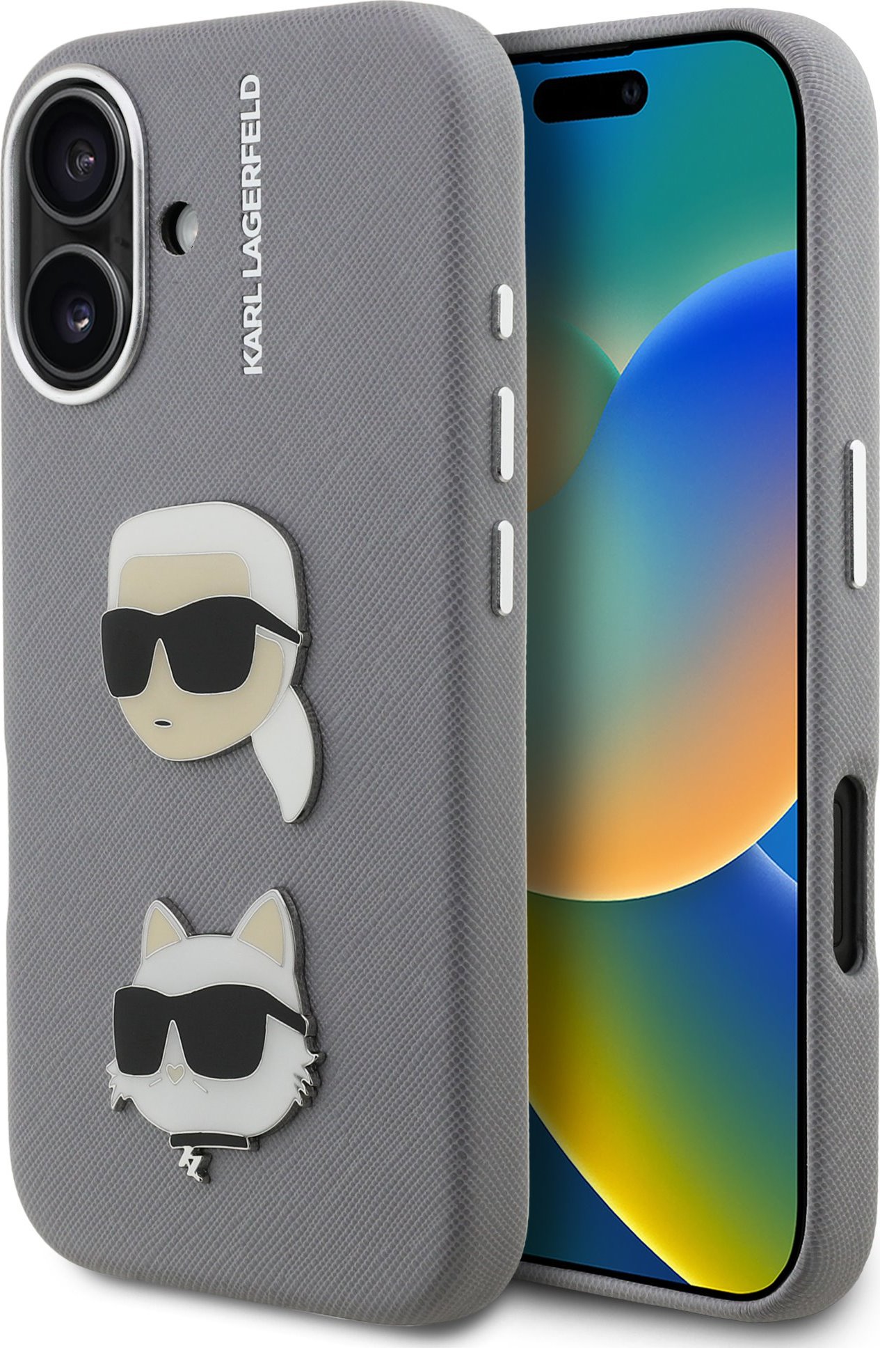 Karl Lagerfeld Grained PU K&CH Heads Zadní Kryt pro iPhone 16 Grey