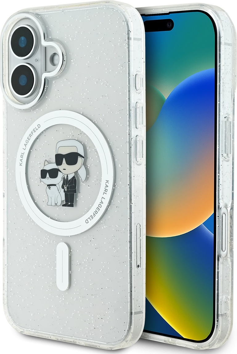 Karl Lagerfeld IML Glitter Karl and Choupette MagSafe Zadní Kryt pro iPhone 16 Transparent