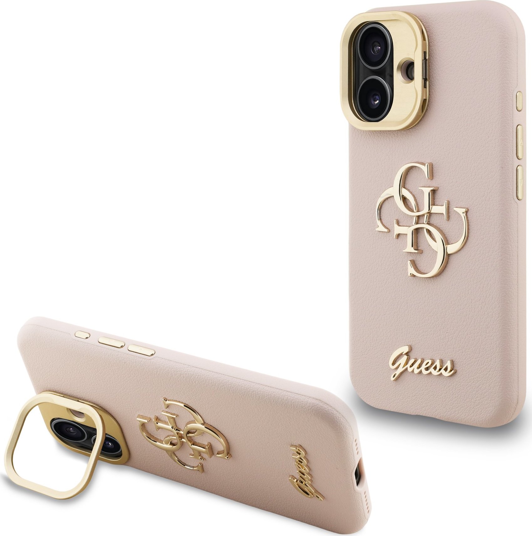 Guess PU Grained 4G Logo Stand Camera Frame Zadní Kryt pro iPhone 16 Pink