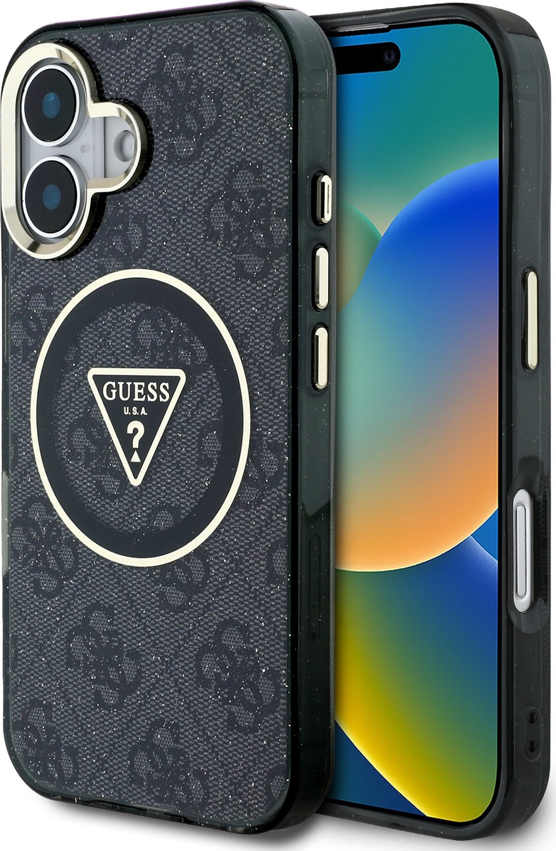 Guess IML 4G Glitter and Triangle Logo MagSafe Zadní Kryt pro iPhone 16 Black